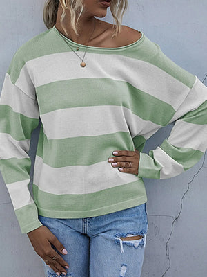 Striped Casual Long Sleeve Knit Top - Makw Official Site