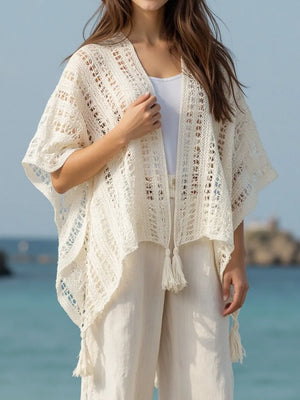 Openwork Tassel Open Front Knit Cover Up - Makw Official Site