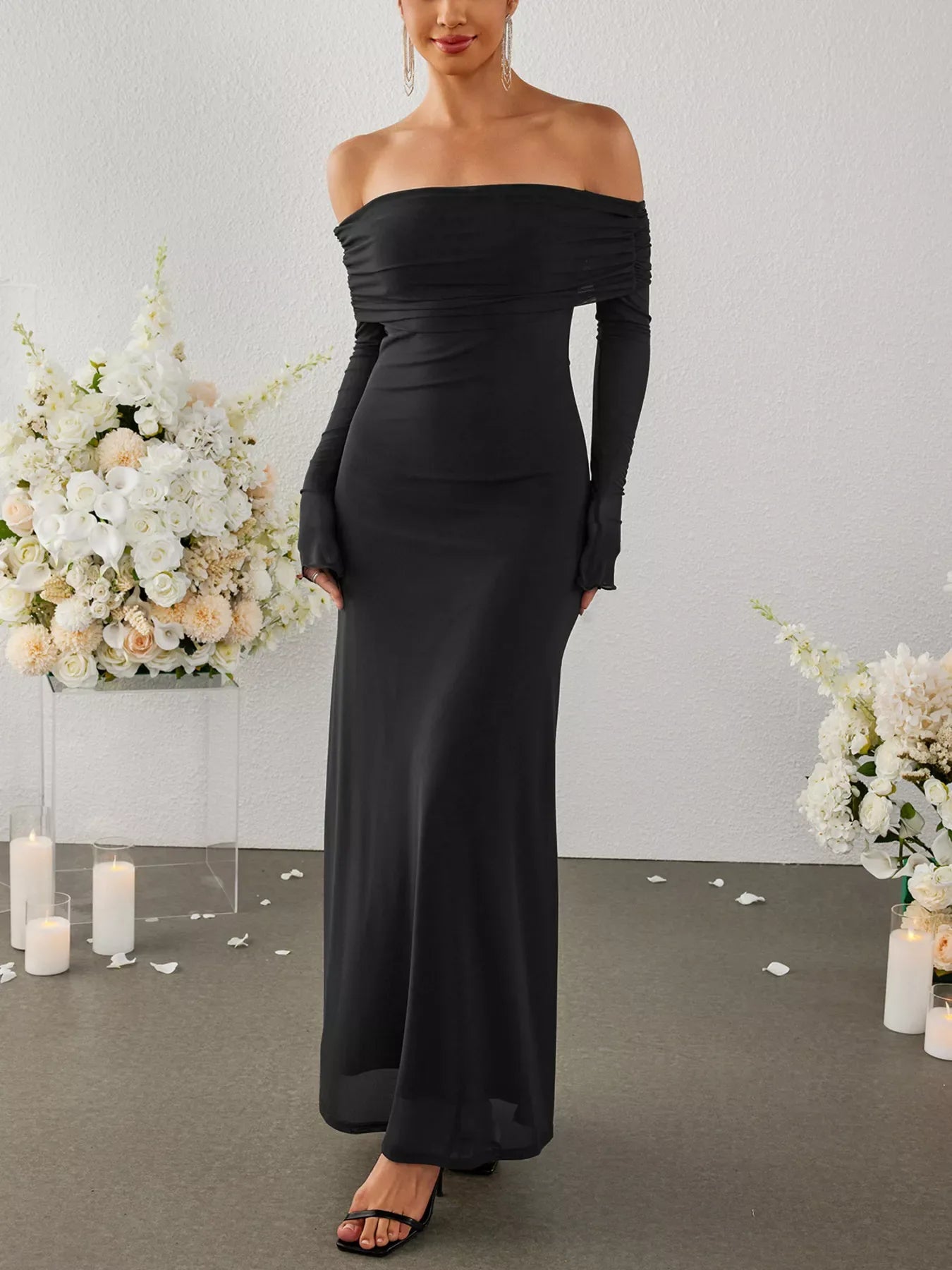 Off-Shoulder Ruched Long Sleeve Maxi Dress - Makw Official Site