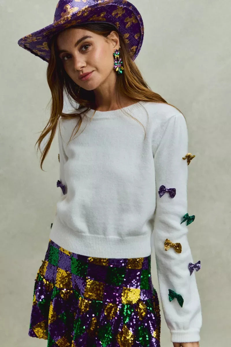 SO ME Mardi Gras Glitter Bow Ribbon Sweater Knit Top - Makw Official Site