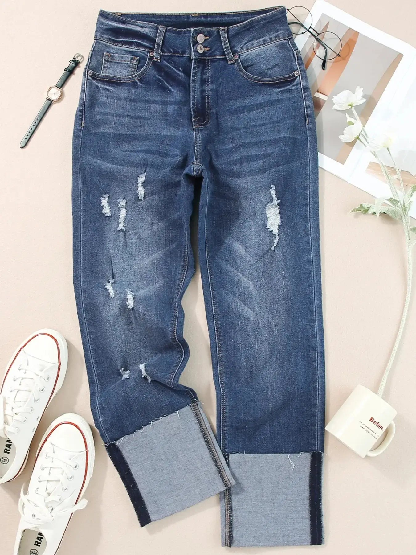 High Waist Distressed Straight Leg Jeans - Makw Official Site