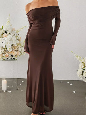 Off-Shoulder Ruched Long Sleeve Maxi Dress - Makw Official Site