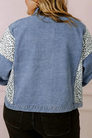 Plus Size Leopard Long Sleeve Denim Jacket - Makw Official Site