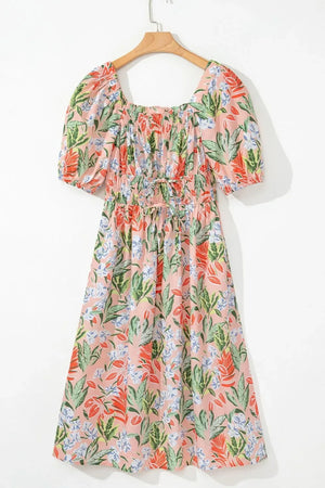 Floral Smocked Square Neck Puff Short Sleeve Midi Dress - Makw Official Site