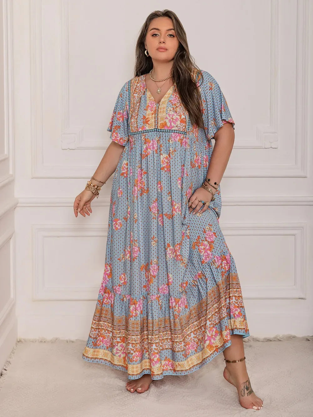 Plus Size Printed Tie Neck Flutter Sleeve Maxi Dress - Makw Official Site