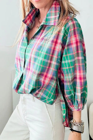 Plaid Collared Neck Three-Quarter Sleeve Shirt - Makw Official Site