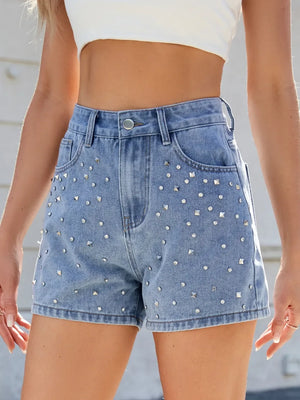 Rhinestone Washed High Waist Denim Shorts - Makw Official Site