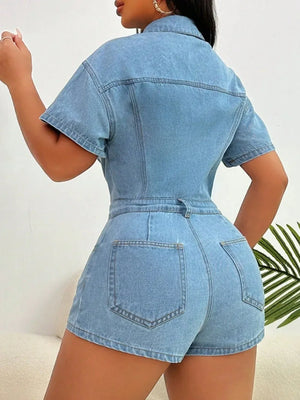 Collared Neck Short Sleeve Denim Romper - Makw Official Site