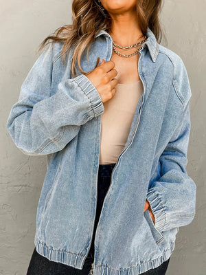 Elastic Edge Collared Zip Up Denim Jacket With Pocket - Makw Official Site