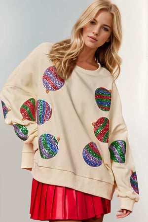 Double Take Christmas Element Sequin Round Neck Long Sleeve Sweatshirt - Makw Official Site