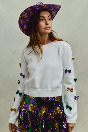 SO ME Mardi Gras Glitter Bow Ribbon Sweater Knit Top - Makw Official Site