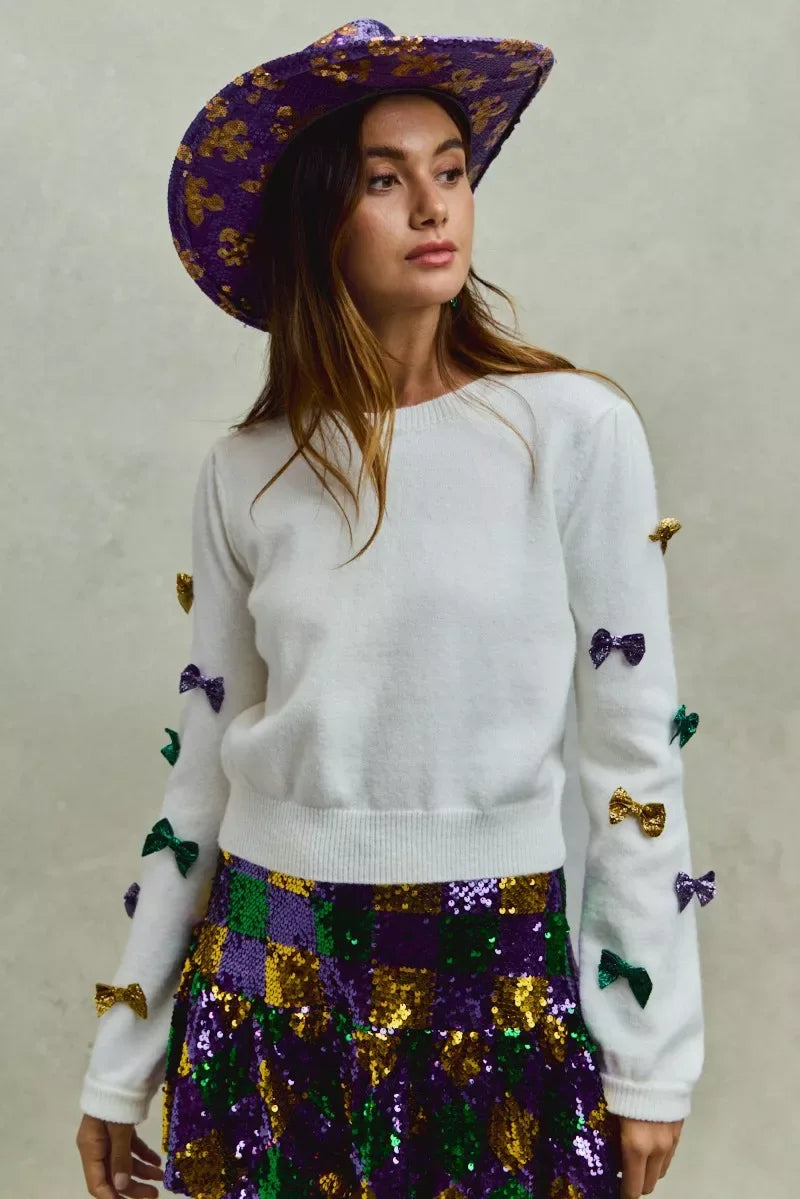 SO ME Mardi Gras Glitter Bow Ribbon Sweater Knit Top - Makw Official Site
