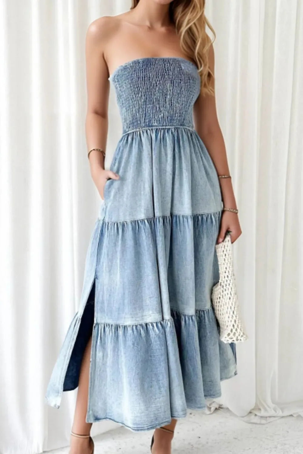 Smocked Tube Slit Tiered Denim Dress - Makw Official Site