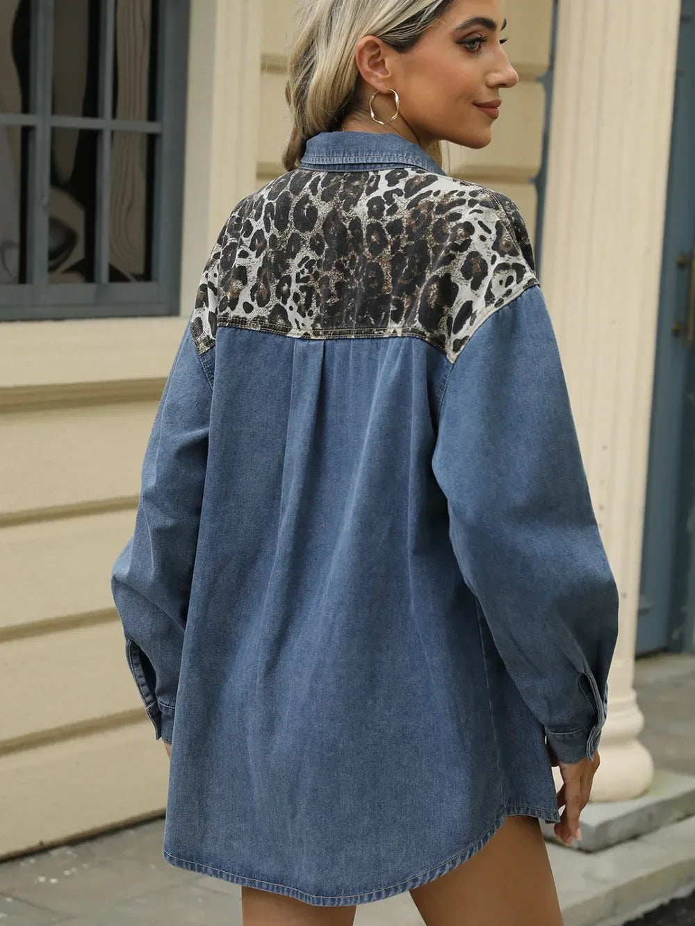 Leopard Button Up Long Sleeve Denim Jacket - Makw Official Site