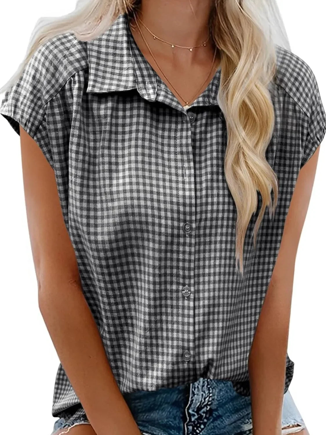 Plaid Button Up Cap Sleeve Shirt - Makw Official Site