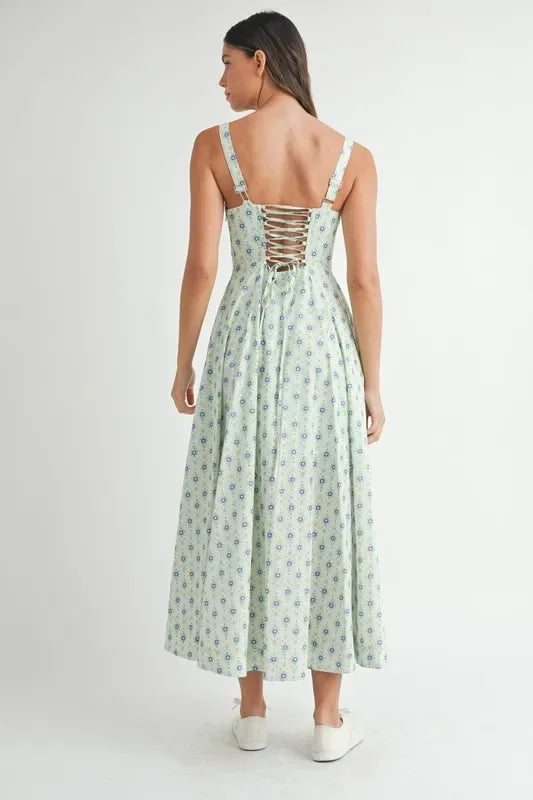 MABLE Floral Print Bustier Back Lace Up Midi Dress - Makw Official Site