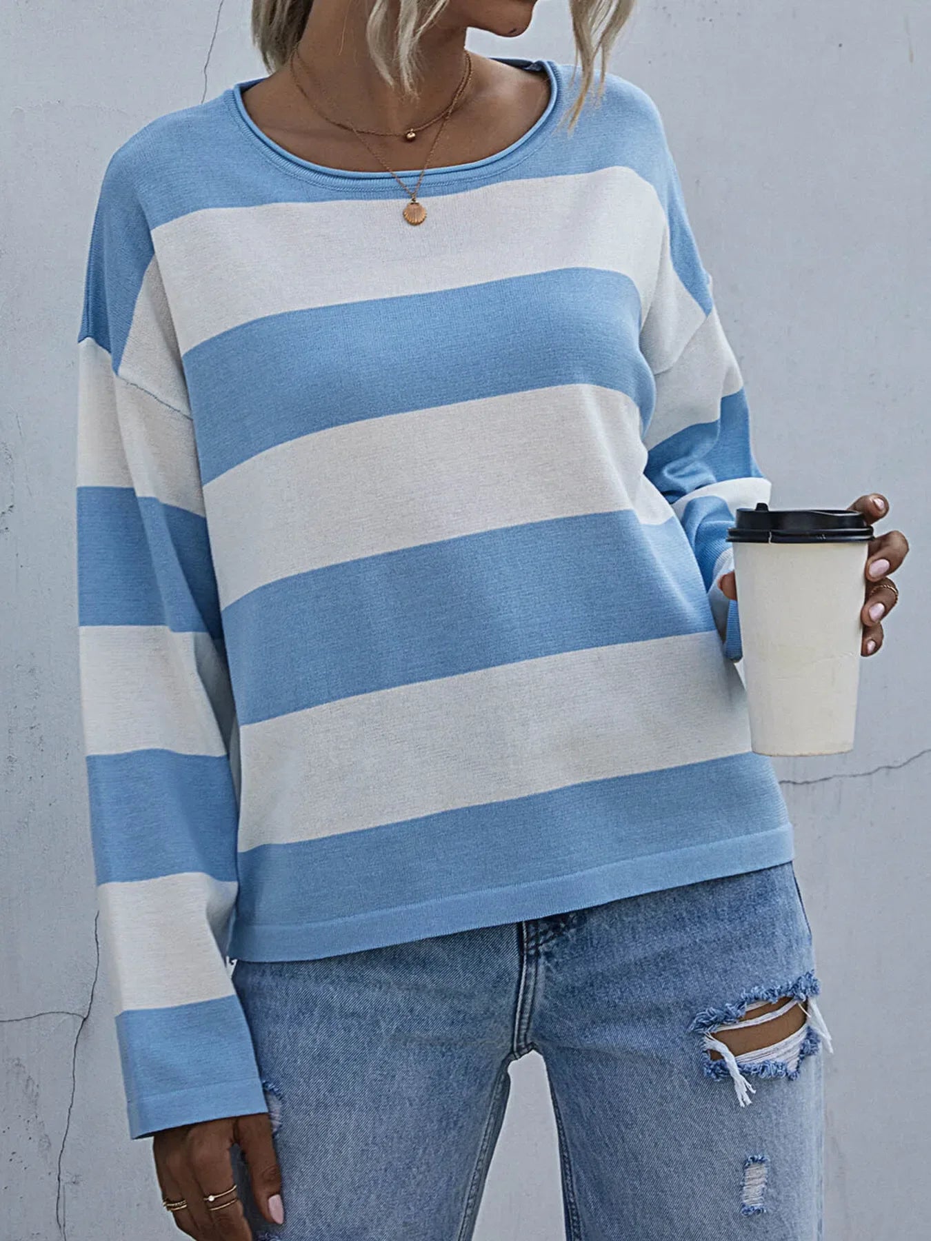 Striped Casual Long Sleeve Knit Top - Makw Official Site