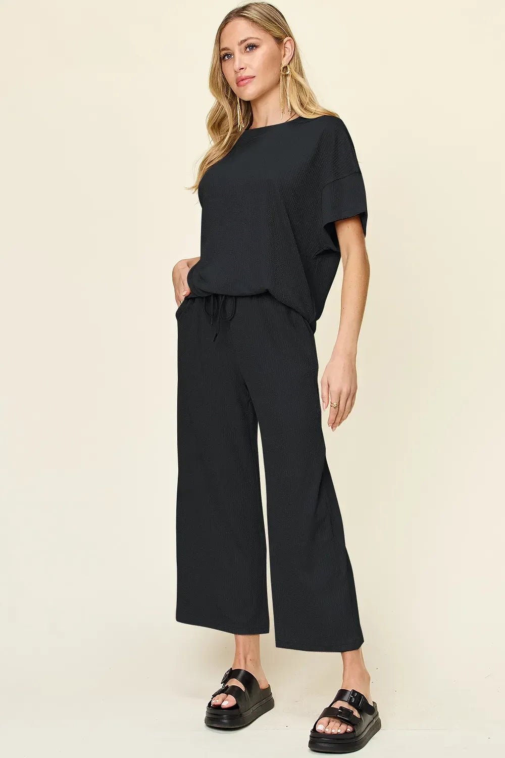 Double Take Full Size Texture Round Neck Short Sleeve T-Shirt and Wide Leg Pants - Makw Official Site