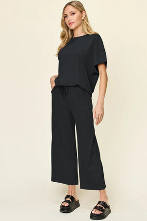 Double Take Full Size Texture Round Neck Short Sleeve T-Shirt and Wide Leg Pants - Makw Official Site