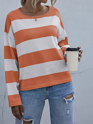Striped Casual Long Sleeve Knit Top - Makw Official Site