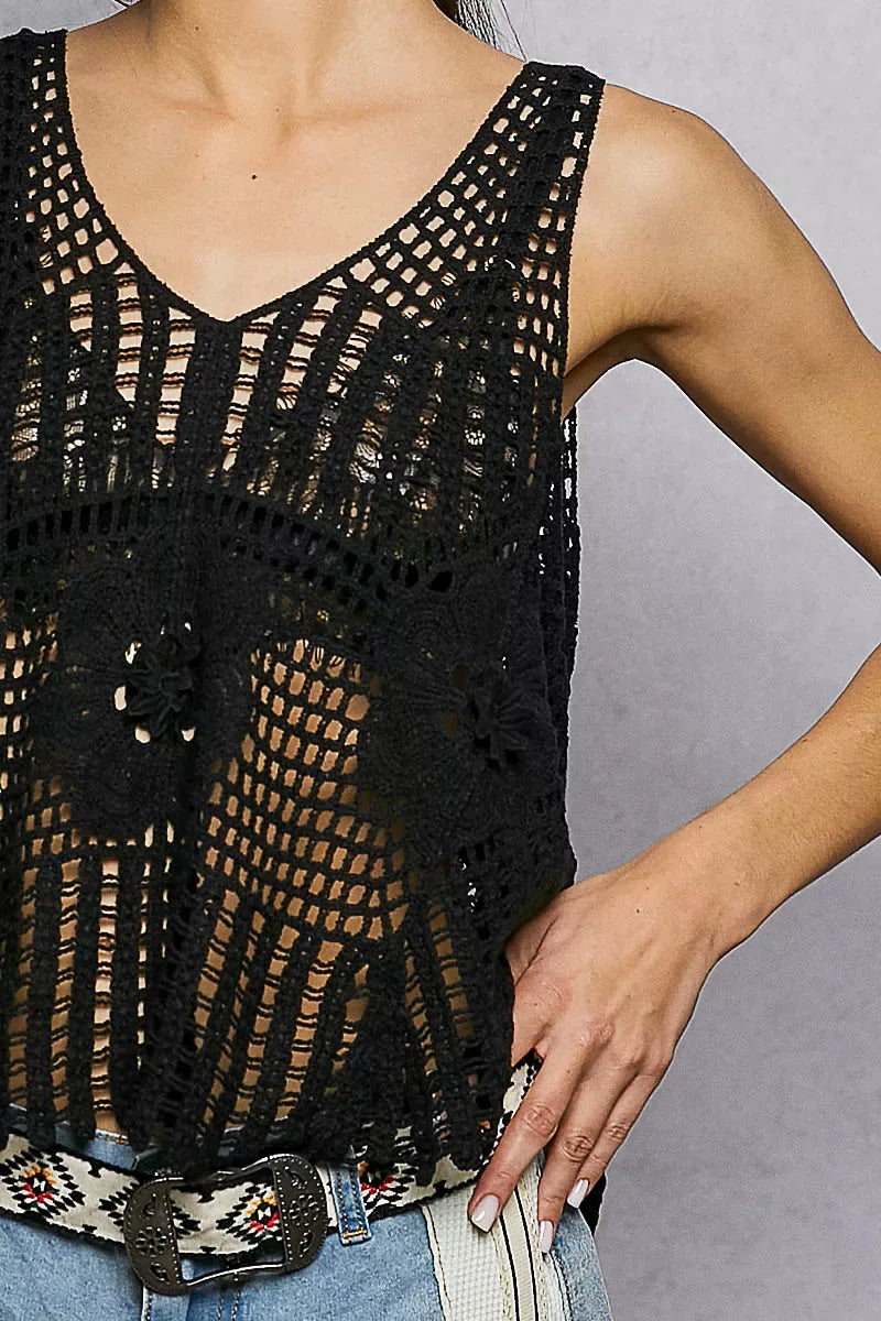 POL Openwork V-Neck Crochet Tank - Makw Official Site