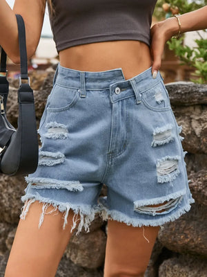 Distressed Raw Hem Denim Shorts - Makw Official Site