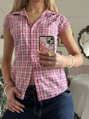 Plaid Cap Sleeve Button-Up Shirt - Makw Official Site