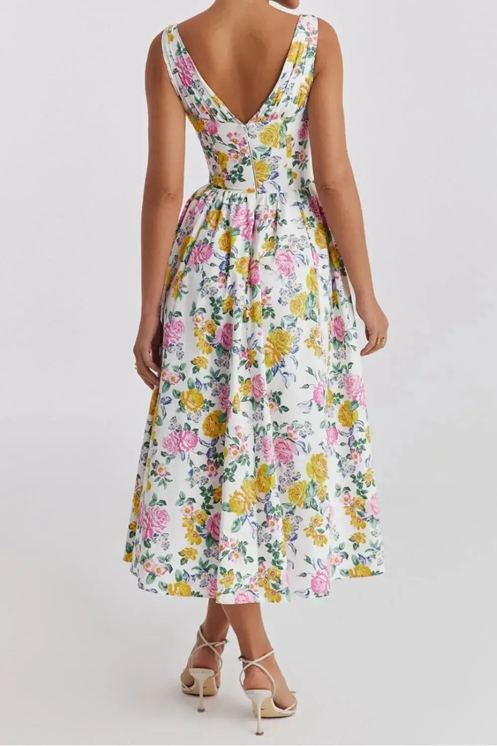 Floral V-Neck Sleeveless Midi Dress with Pockets - Makw Official Site