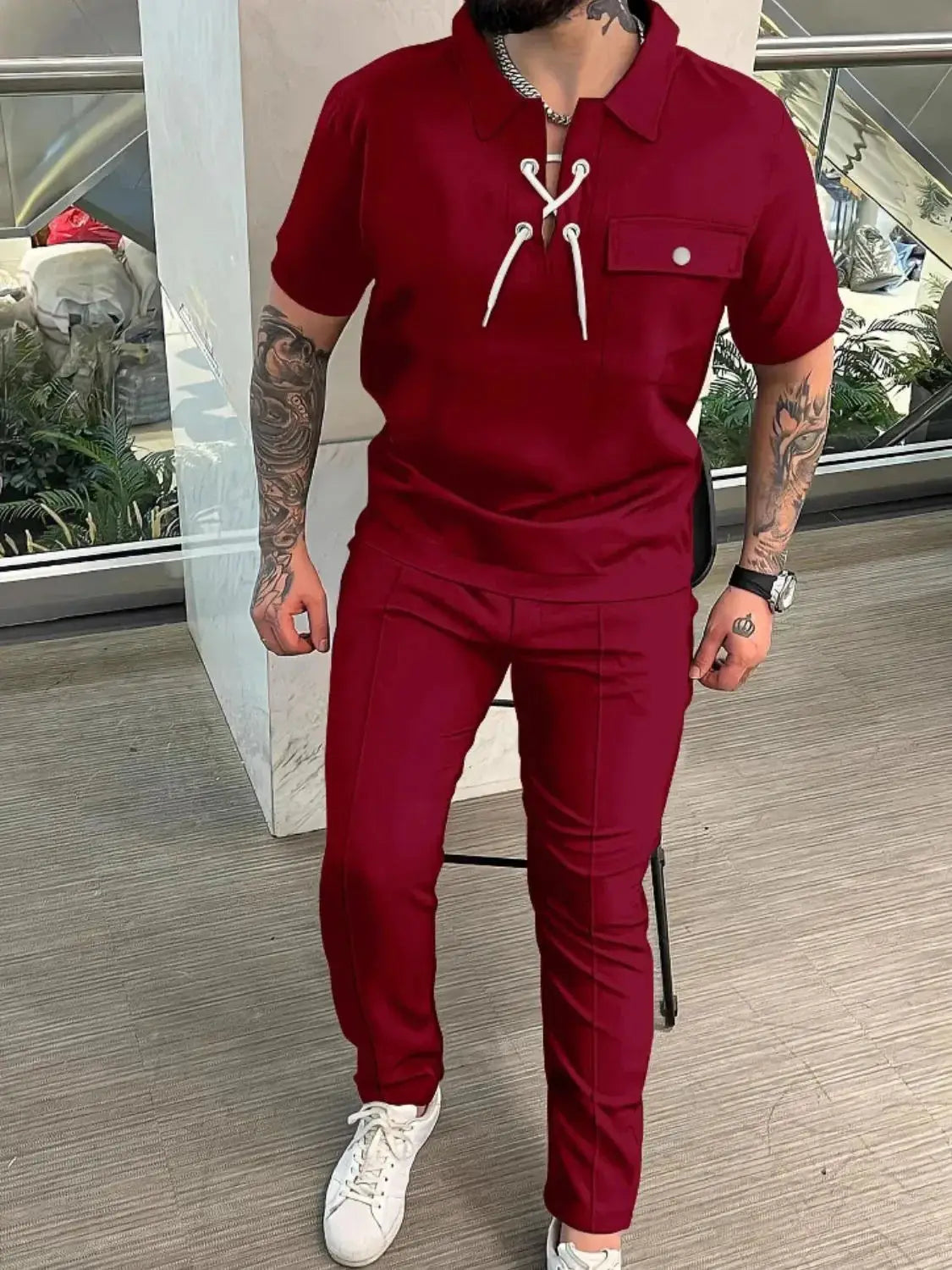 Men's Full Size Lace Up Short Sleeve Top and Pants Plus Size - Makw Official Site