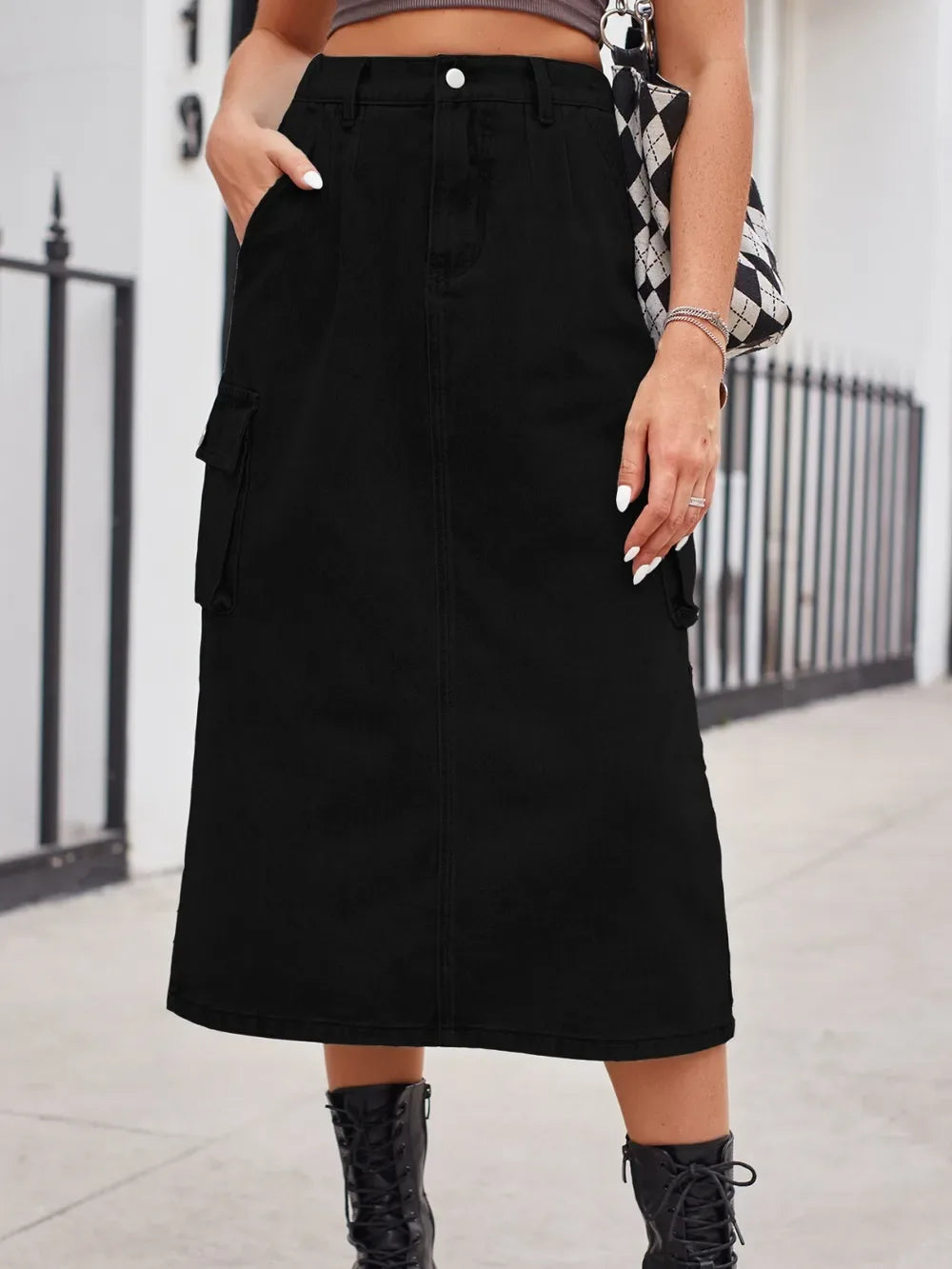 Slit Buttoned Denim Skirt with Pockets - Makw Official Site