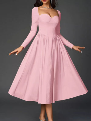 Sweetheart Neckline Long Sleeve A-Line Midi Dress - Makw Official Site