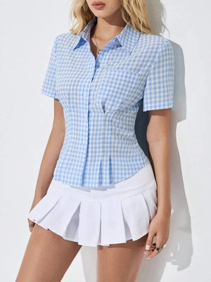 Gingham Short Sleeve Button-Up Shirt - Makw Official Site