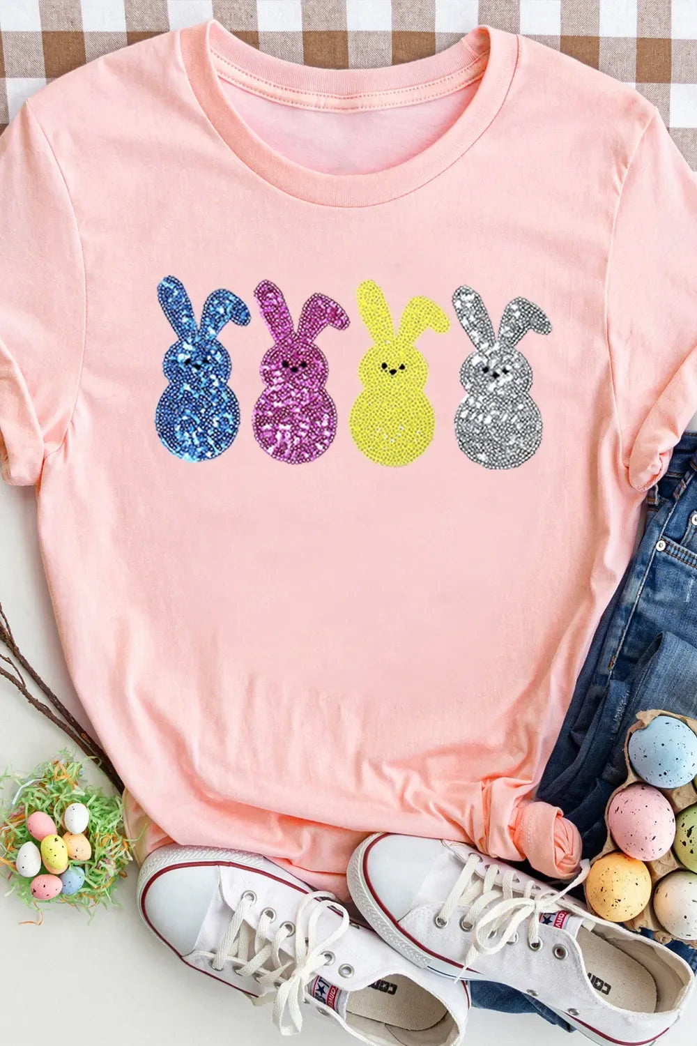 Sequin Bunny Round Neck Short Sleeve T-Shirt - Makw Official Site