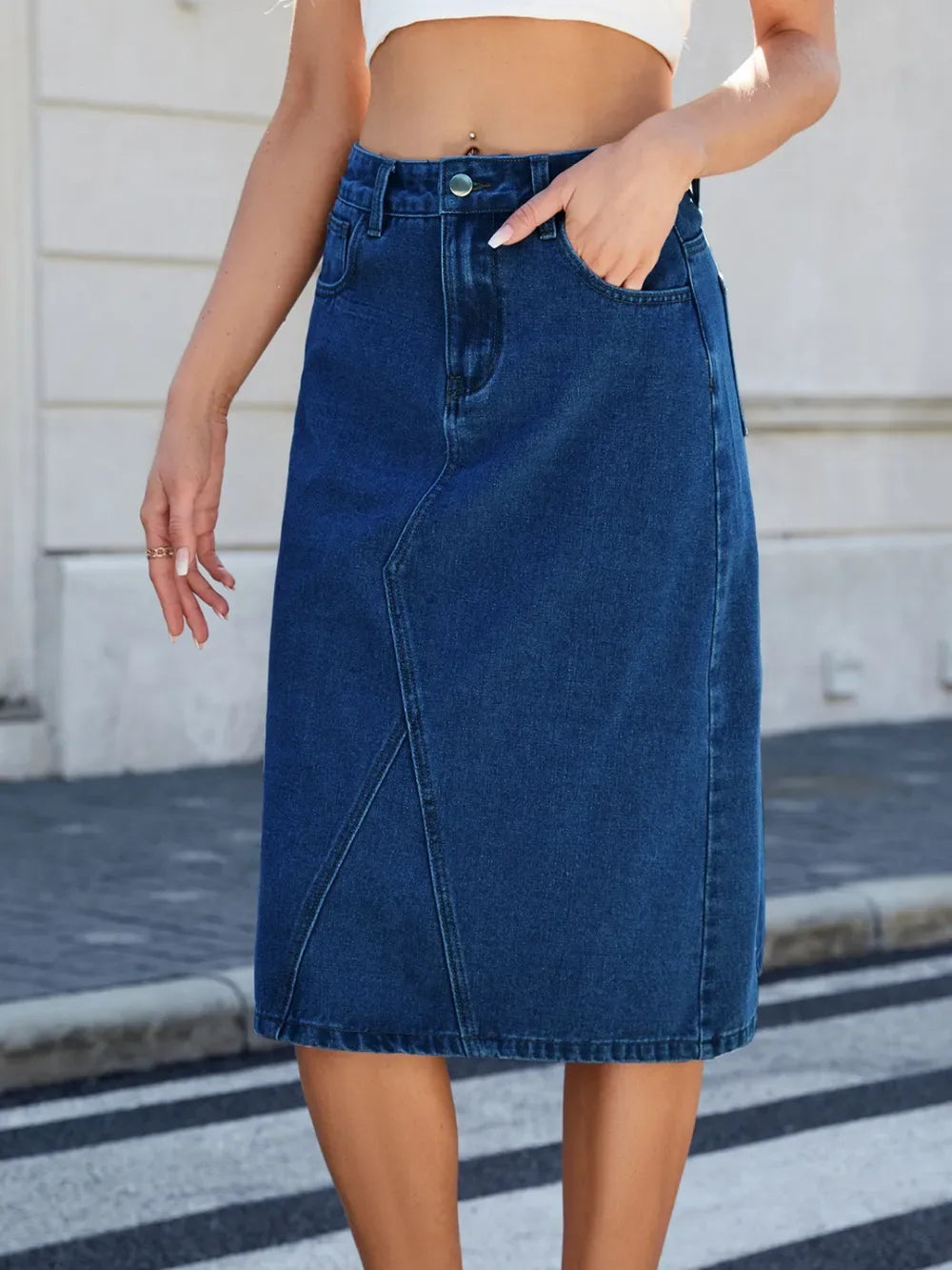 Slit Back Midi Denim Skirt - Makw Official Site