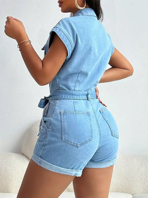 Tie Waist Cap Sleeve Denim Romper - Makw Official Site