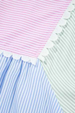 Striped Patchwork Ric Rac Puff Sleeve Collared Mini Dress - Makw Official Site