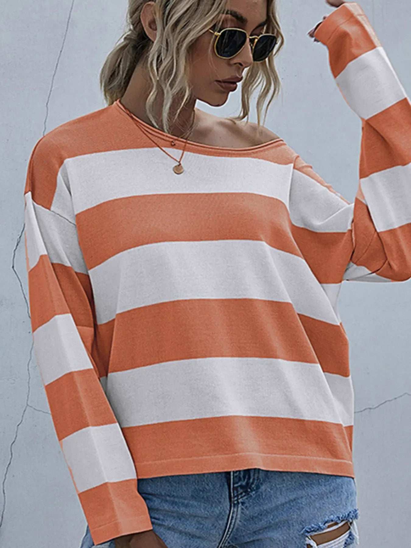 Striped Casual Long Sleeve Knit Top - Makw Official Site