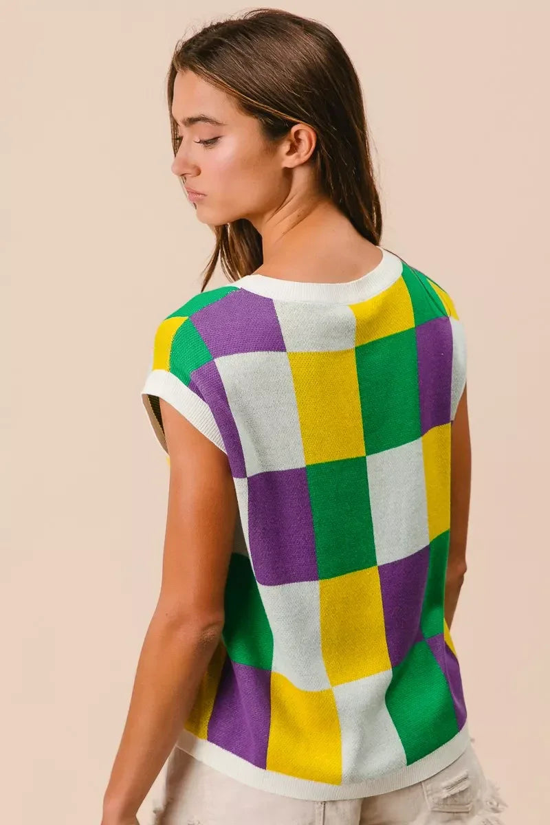 BiBi Mardi Gras Checker Pattern Sleeveless Sweater Top - Makw Official Site