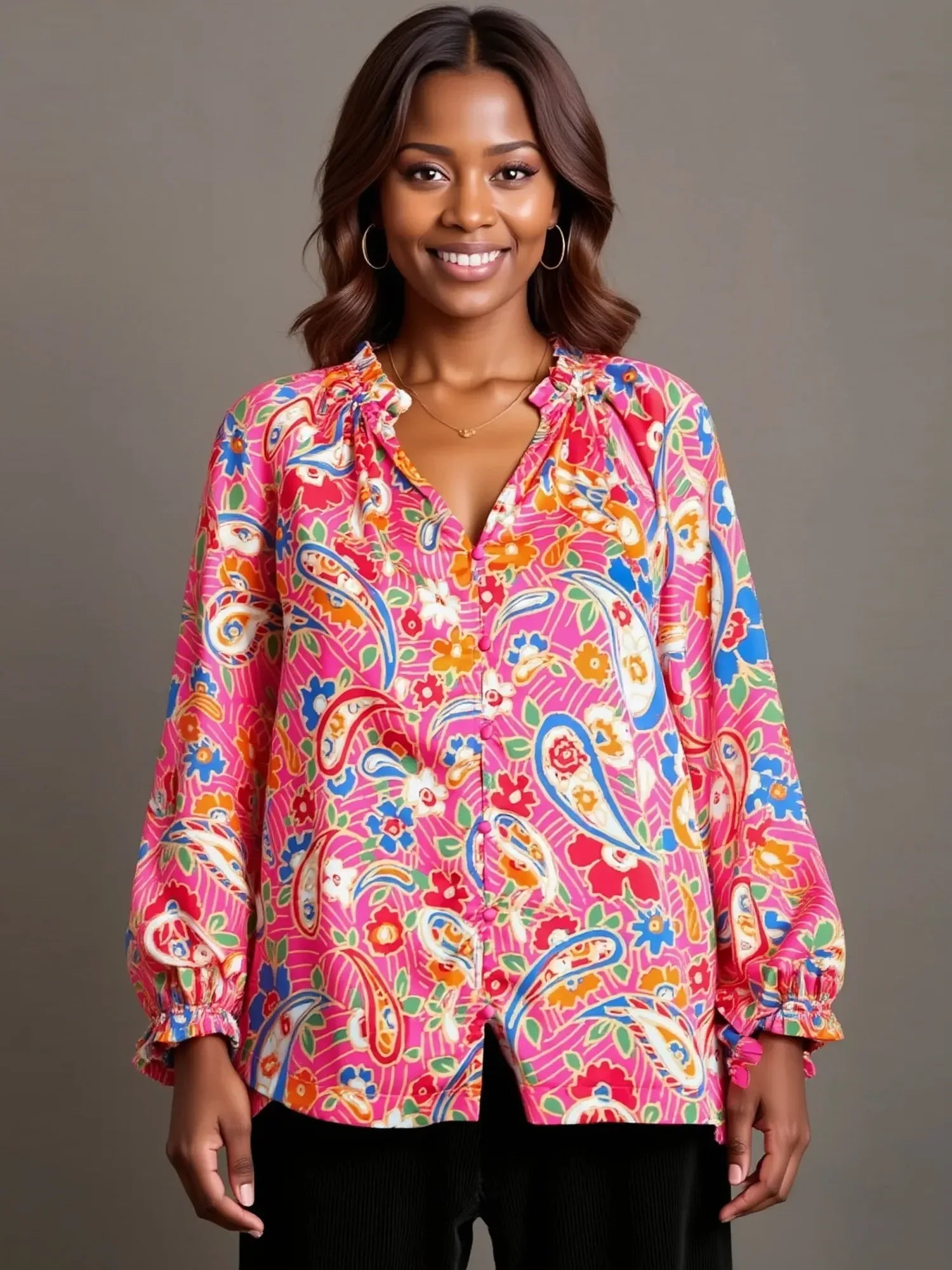 Umgee Full Size Satin Paisley Ruffle Neck Button-Up Shirt Plus Size - Makw Official Site
