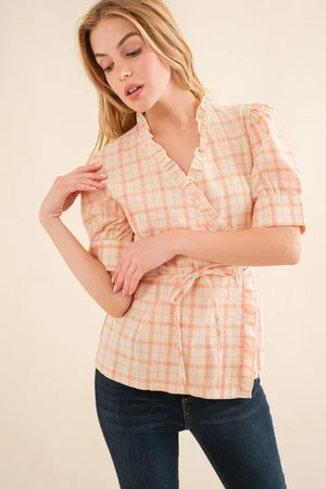 And The Why Plaid Patterned and Ruffled Wrap Blouse Top - Makw Official Site