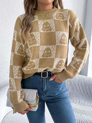 Halloween Ghost Pattern Checkered Round Neck Sweater - Makw Official Site