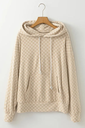 Checkered Print Kangaroo Pocket Drawstring Hoodie - Makw Official Site