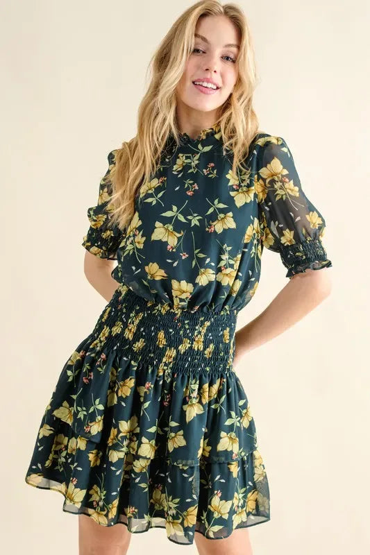 And The Why Floral Print Smocked Waist Mini Dress - Makw Official Site
