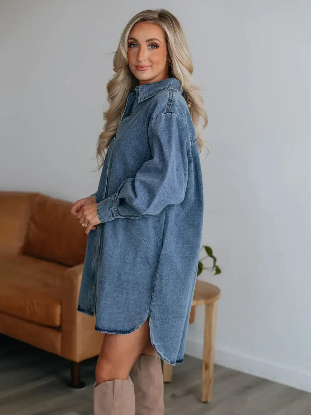 Button Up Collared Neck Long Sleeve Denim Dress - Makw Official Site