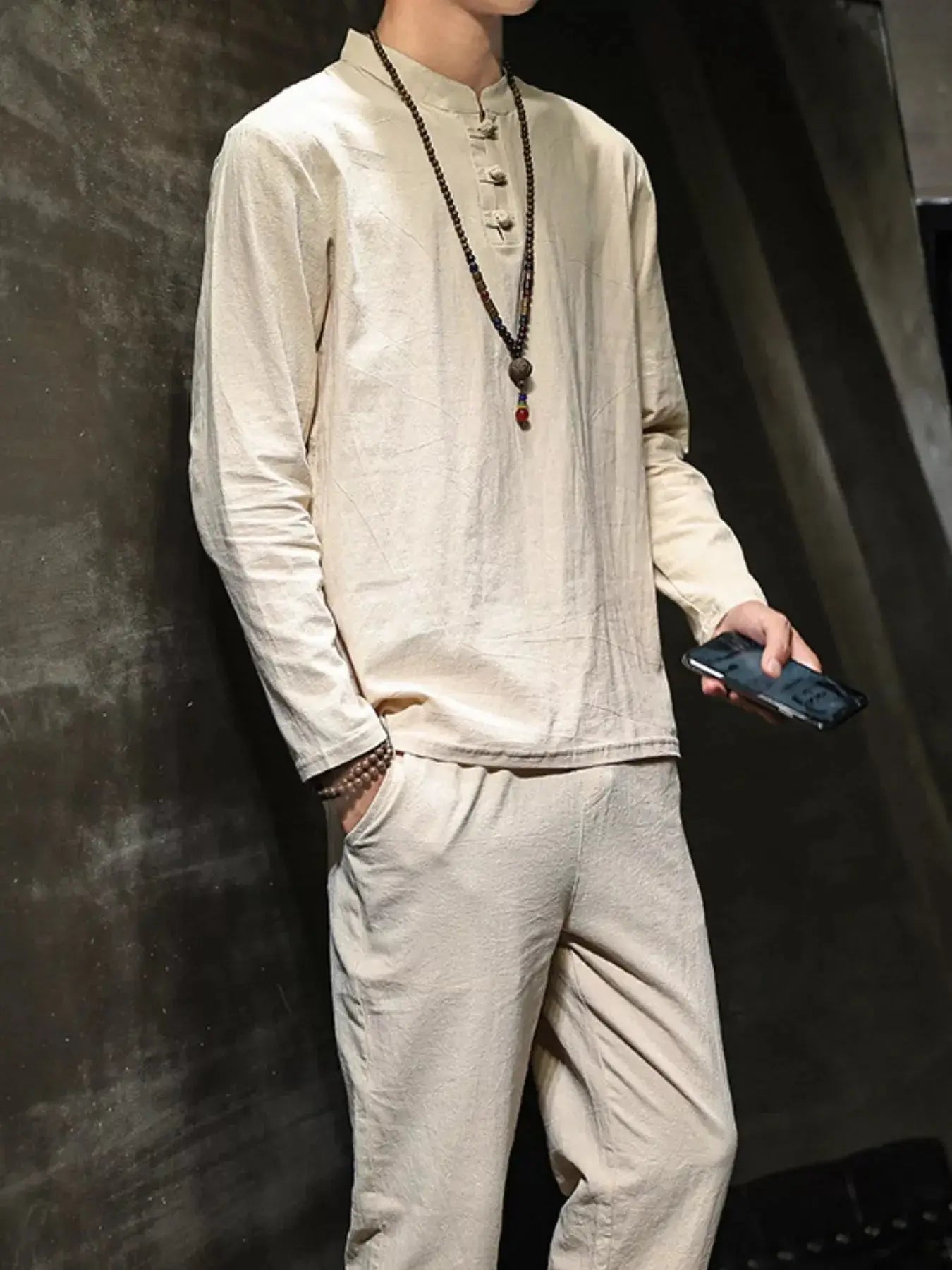 Men's Plus Size Button Detail Long Sleeve Top and Pants Set - Makw Official Site