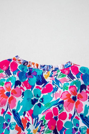 Mixed Floral Print Tie Neck Short Sleeve Dress - Makw Official Site