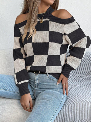 Cold Shoulder Checkered Long Sleeve Sweater - Makw Official Site