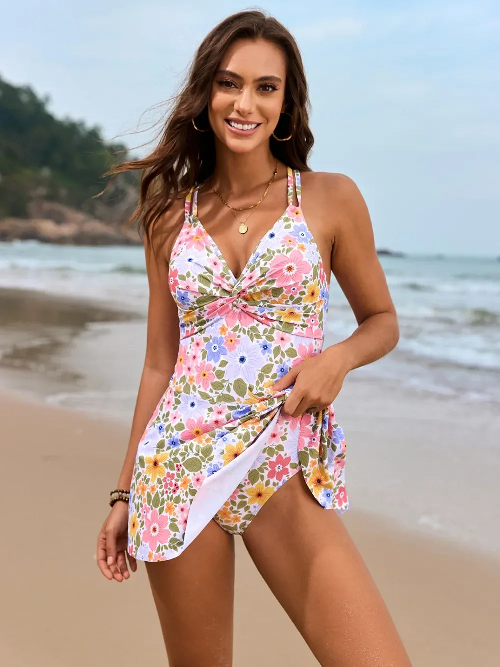 Twisted Front Crisscross Double Spaghetti Strap One-Piece Swimwear - Makw Official Site