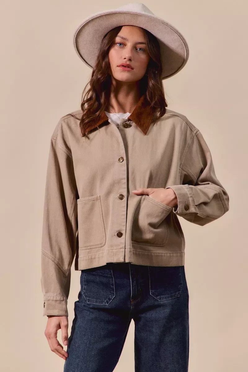 SO ME Cotton Twill Cropped Barn Jacket wtih Collar - Makw Official Site