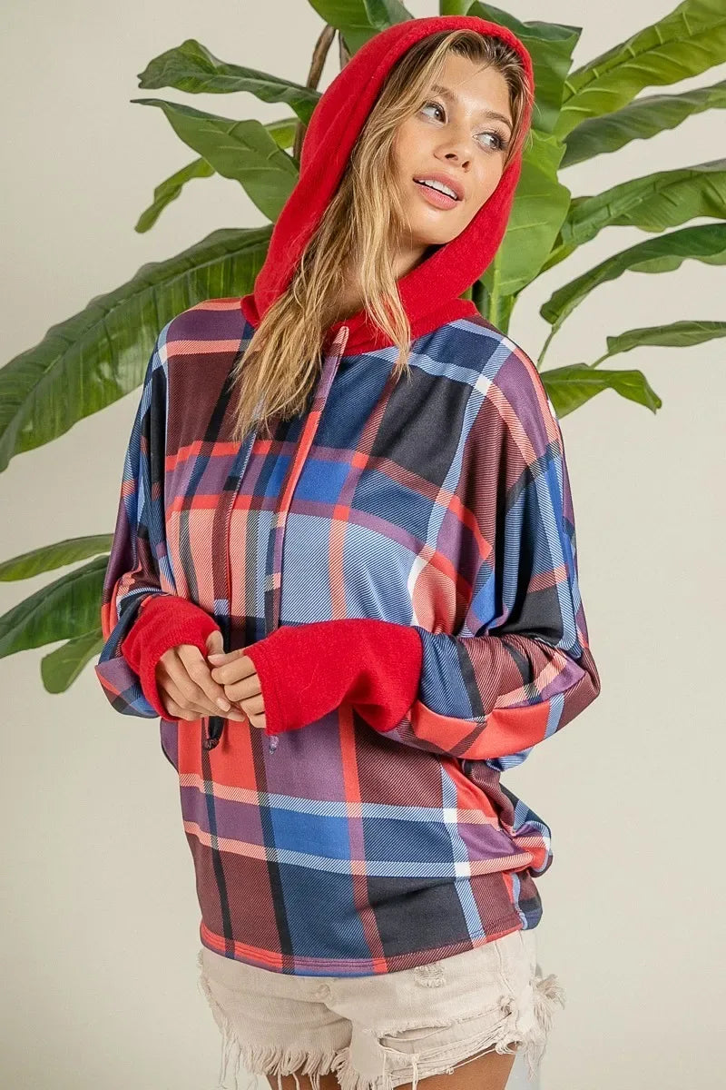 BiBi Plaid Mirr Brushed Rib Contrast Thumb Open Hoodie - Makw Official Site